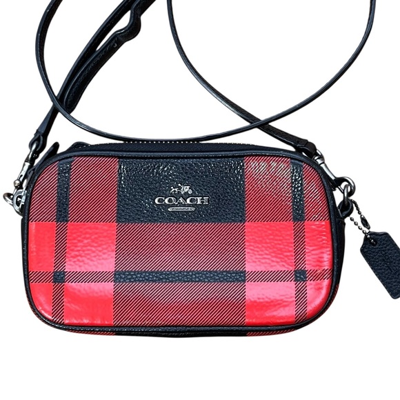 Coach Red Black Plaid Crossbody Bag Buffalo Plaid Mini Bag Purse Leather Camera